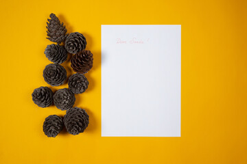 Children's letter to Santa for Christmas on yellow background with pine cones
