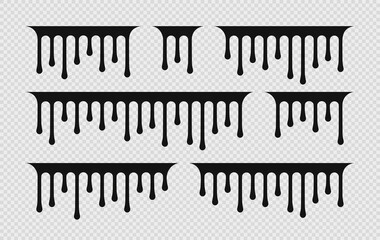 Drip paint. Melt liquid with black drops. Stencil molten graffiti. Spill fluid border isolated on white background. Vector illustration. Droplet print. Silhouette of stain with trickles.