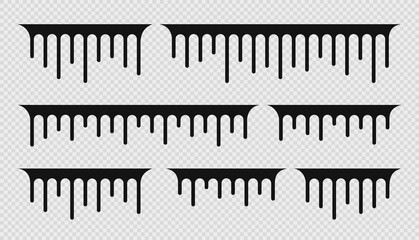 Drip of paint. Melt liquid. Stencil molten graffiti. Black drops and border. Spill fluid isolated on white background. Droplet print. Vector illustration.