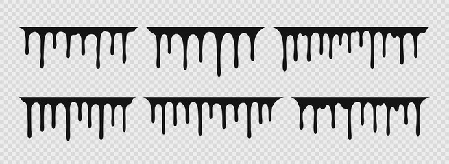 Drip of paint. Molten liquid. Stencil melt graffiti. Black drops and border isolated on white background. Vector illustration. Spill fluid. Droplet print.