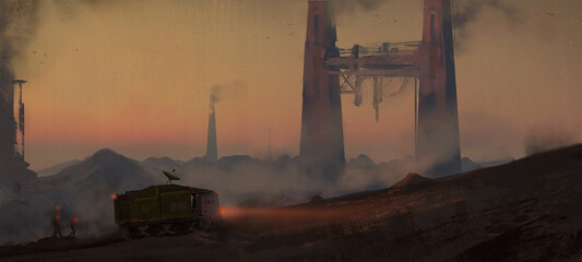 Digital painting of workers and heavy equipment mining on an alien planet - science fiction fantasy illustration © Dominick