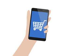 Phone with shopping cart. Online purchase concept. Online store
