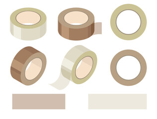 Roll of transparent and brown adhesive tape and torn stripes. Office stationery. Piece of glue scotch tape. Vector illustration.	 - obrazy, fototapety, plakaty