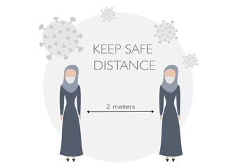 Keeping safe distance concept in times of coronavirus global pandemic. Two muslim women with hijab and medical mask keeping social distance of two meters as set in rules to prevent covid-19 contagion