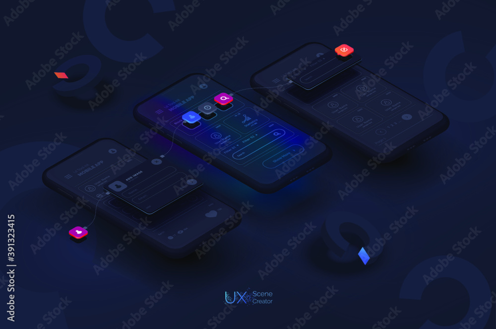 Fototapete User experience. Smartphone mockup on black background with interactive user interface. The process of creating a mobile application. Website wireframe for mobile apps with active layers and links