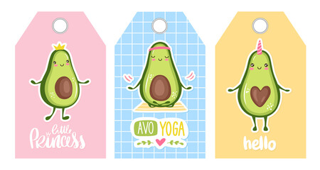 Cute vector tags with Cartoon avocado characters - unicorn, princess, doing yoga. Kawaii vector illustration. Happy fruits.