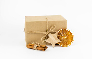 Christmas composition craft box gift. Eco-friendly gift wrapping and decor.