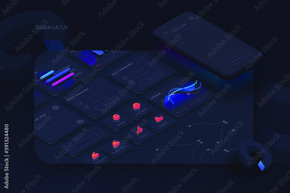 Poster toolkit-ui/ux scene creator. mobile application design. smartphone mockup with active blocks and con