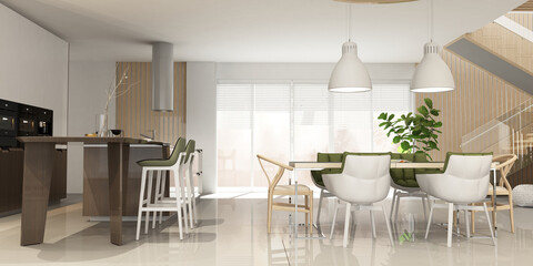 Modern interior of kitchen with living room