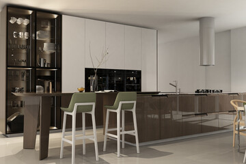 Modern interior of kitchen with living room