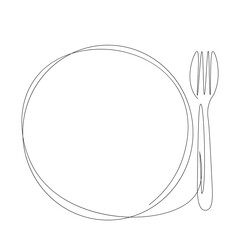 Fork and plate line drawing. Vector illustration