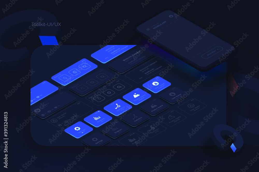 Poster toolkit-ui/ux scene creator. mobile application design. smartphone mockup with active blocks and con