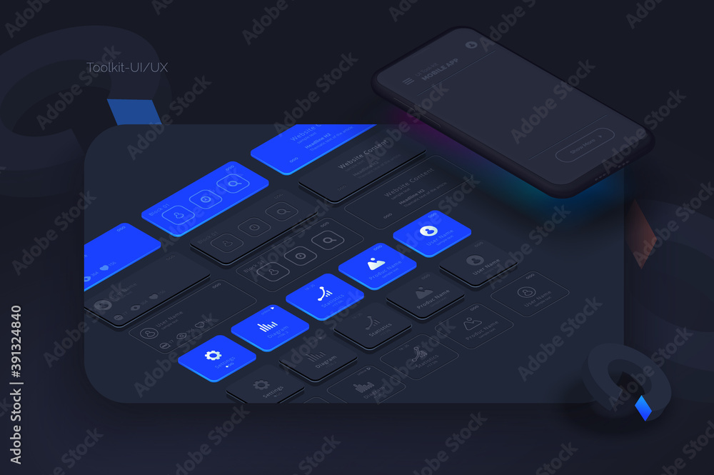 Poster toolkit-ui/ux scene creator. mobile application design. smartphone mockup with active blocks and con