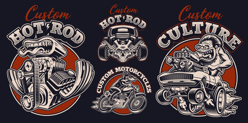 A set of black and white vintage illustrations for hot rod theme, these design s can be used as perfect shirt prints as well as for other uses.