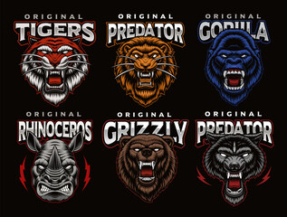 A bundle of colorful badges of different animals such as a lion, a wolf, a tiger, a gorilla, and others. These designs can be used as logo templates for sports teams as shirt prints as well as for man