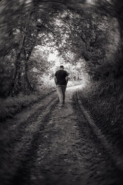 Back view of a man walking on a path through the forest. Vertical image, black and white photography.