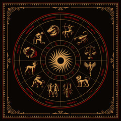 A bundle of vector zodiac signs in engraving style on dark background