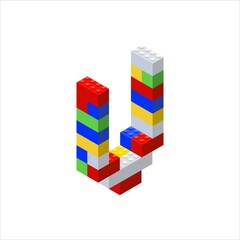 Isometric font made from color plastic blocks. The childrens designer. Letter U. Vector illustration