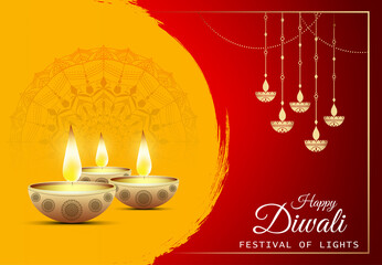 Happy Diwali - festival of lights colorful background with decorative diya lamp and rangoli.