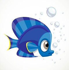 Cute cartoon blue fish with bubbles isolated on a white background