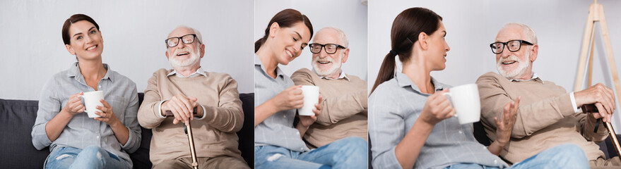 collage of cheerful woman holding cup of tea and talking to happy aged father, banner