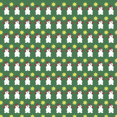 Christmas green pattern with snowman and star. Vector holiday paper design.