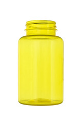 Empty plastic, transparent medical bottle of yellow hue. Isolated on a white background