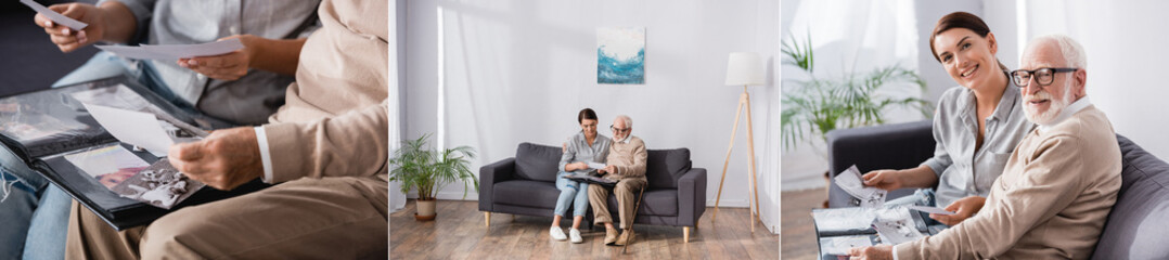 collage of eldery man with adult woman browsing photo album while sitting on sofa and looking at camera, banner