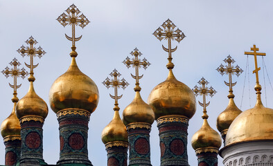 Domes and crosses of the Verkhnespassky Cathedral and Terem churches of the Moscow Kremlin.