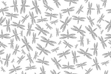 Vector seamless pattern of abstract dragonflies in polynesian style on white background. Swatch in the panel