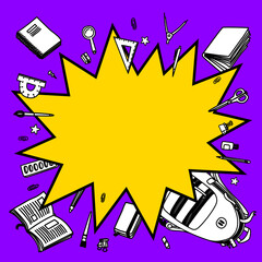 Back to school vector background. Cartoon comics empty bang speech bubble with line sketchy stationery.