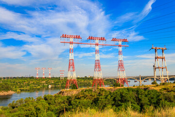 High voltage power line across the Dnieper river on Khortytsia island in Zaporizhia, Ukraine