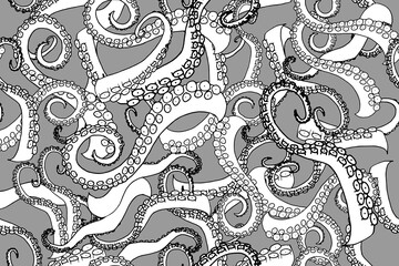 Octopus tentacles seamless pattern wallpaper. Seamless pattern of octopuses curly tentacles. Hand painted sea animal illustration for marine textile, fabric surface design. Not cropped