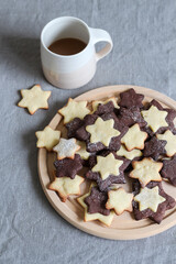 Star shape cookies and a cup of coffee, flat lay