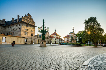 Prague, Czech republic - September 19, 2020. Hradcanske namesti Square without people during travel...