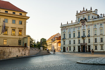 Prague, Czech republic - September 19, 2020. Hradcanske namesti Square without people during travel restrictions - Archbishop Palace