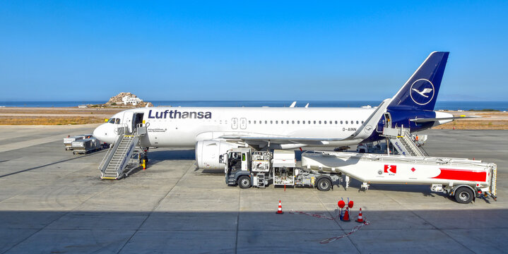 03.09.2020 Santorini Airport, Greece - Refueling a Lufthansa Airbus with kerosene