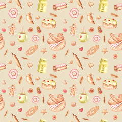 Watercolor seamless pattern with bakery elements