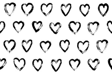 Seamless pattern with hand drawn heart. Hearts painted dry brush. Ink illustration. Ornament for wrapping paper. Isolated on white background. Artistic texture.