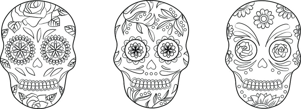 Set of 3 mexican skulls in tattoo graphic style. Outline day of the dead illustration for coloring page or decoration, any design ideas