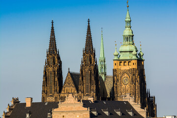 Prague, Czech republic - September 19, 2020. Detail of towers of St. Vitus Cathedral
