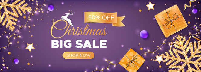 Fototapeta na wymiar Christmas and New Year Discount Sale Flyer Big Sale Special Offer Horizontal Banner with golden snowflakes, gift boxes, balls, stars, serpentine, garlands.