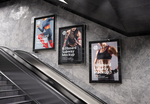 3 Billboards on Subway Wall Escalator Mockup