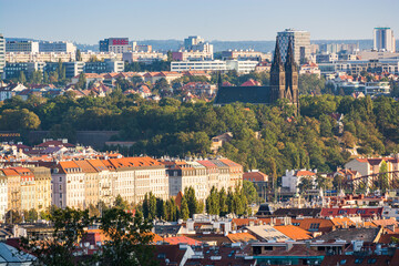 Prague, Czech republic - September 19, 2020. Panorama of Vysehrad, its park and Prague 2 with...