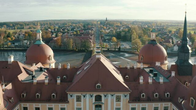 Top panoramic view over an old baroque castle Moritzburg in the old town of Meissen, Saxony, Germany near Dresden