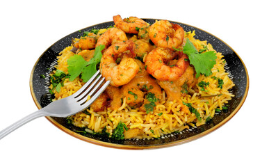King prawn curry and rice meal isolated on a white background