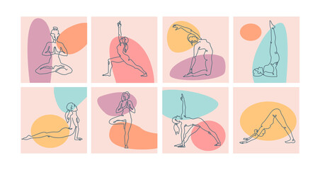 An illustration of yoga poses represents the flexibility. Beauty woman is doing exercise for body stretching. Set of yoga sequence Infographic. The contours of the  body. Vector Illustration.