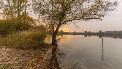 sunset over the lake in Reichstett in France at fall