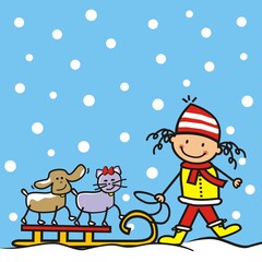 Girl with dog and cat with sledge, at background blue sky with snowflakes, humorous vector illustration