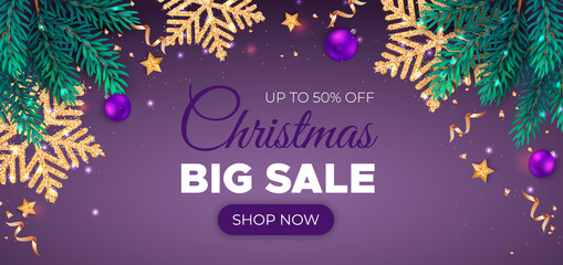 Fototapeta na wymiar Christmas and New Year Discount Sale Flyer Big Sale Special Offer Horizontal Banner with golden snowflakes, fir branches, balls, stars, serpentine.